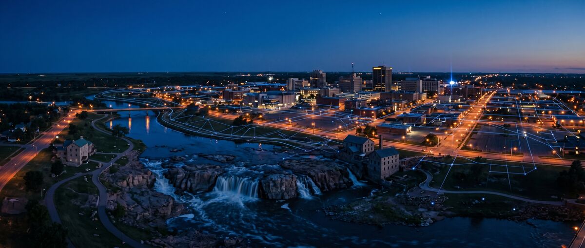 Sioux Falls downtown at twilight, the Big Sioux River and Falls Park in the foreground